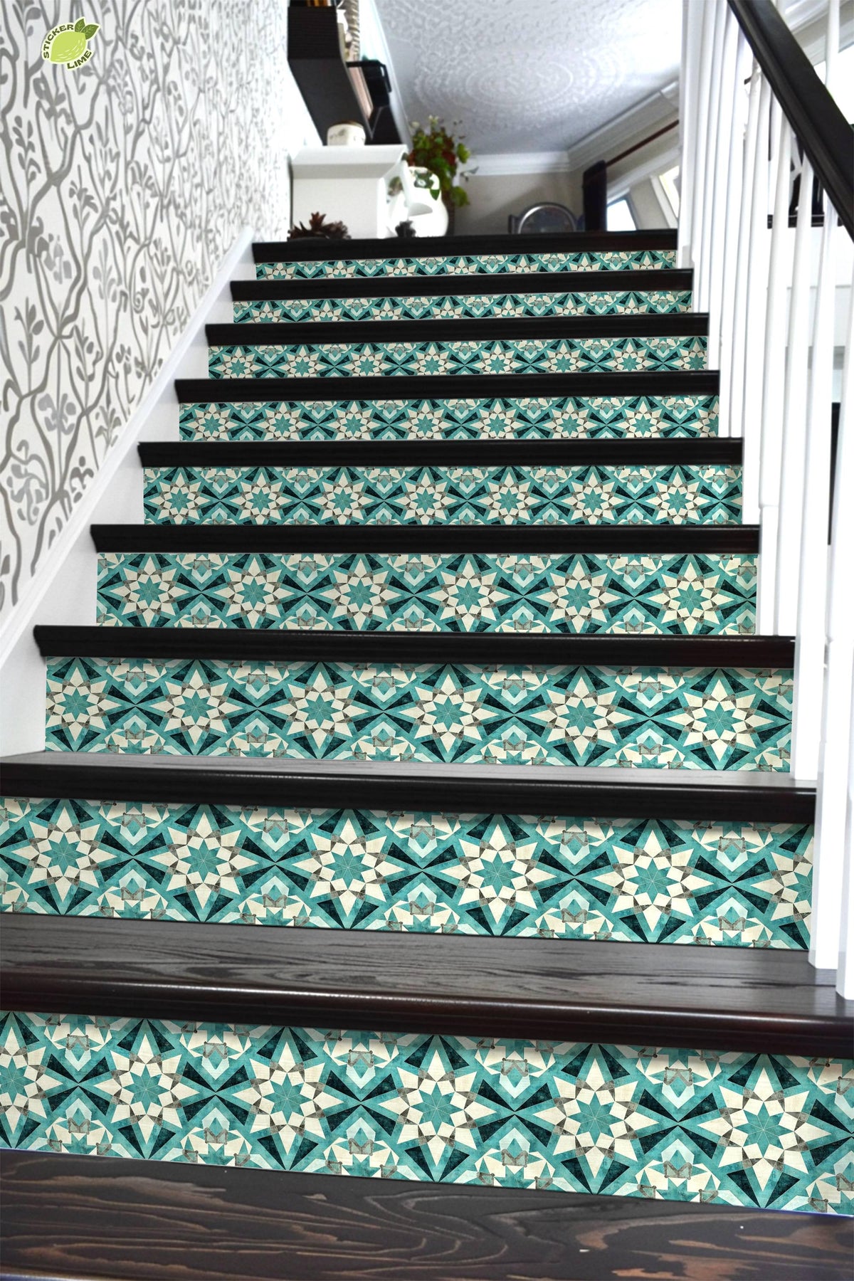 Blue & White Rustic Moroccan Tile peel and stick stair riser decals, photo 6 of 8