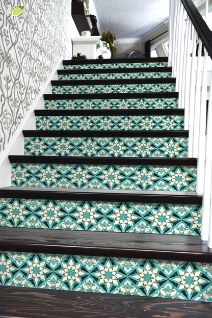 Blue & White Rustic Moroccan Tile peel and stick stair riser decals, photo 6 of 8
