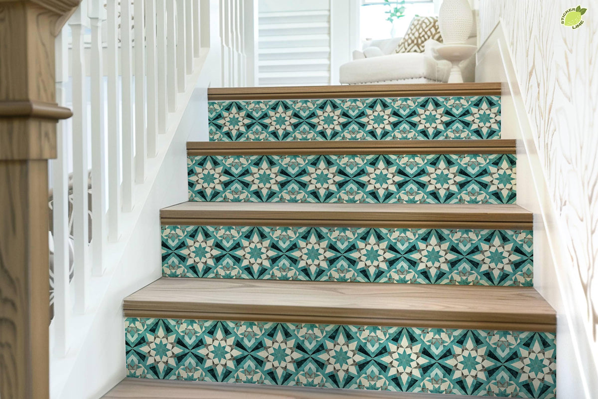 Blue & White Rustic Moroccan Tile peel and stick stair riser decals, photo 7 of 8