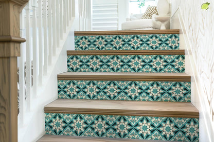 Blue & White Rustic Moroccan Tile peel and stick stair riser decals, photo 7 of 8