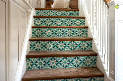 Blue & White Rustic Moroccan Tile peel and stick stair riser decals, photo 8 of 8