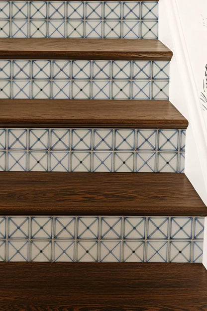Blue Cross Geometric Hand Painted peel and stick stair riser decals