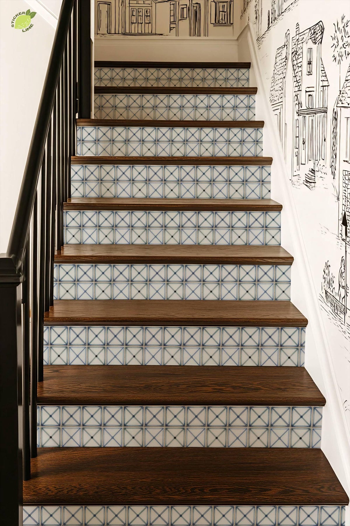 Blue Cross Geometric Hand Painted peel and stick stair riser decals, photo 4 of 8