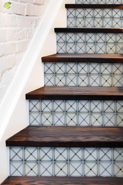 Blue Cross Geometric Hand Painted peel and stick stair riser decals, photo 5 of 8
