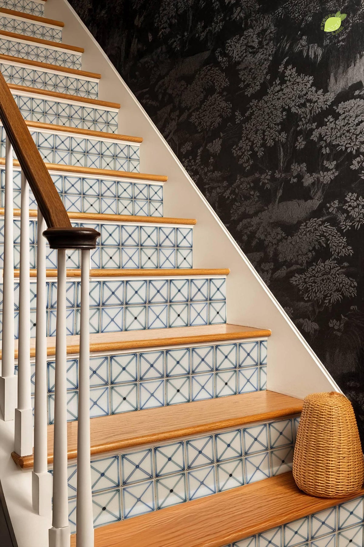 Blue Cross Geometric Hand Painted peel and stick stair riser decals, photo 6 of 8