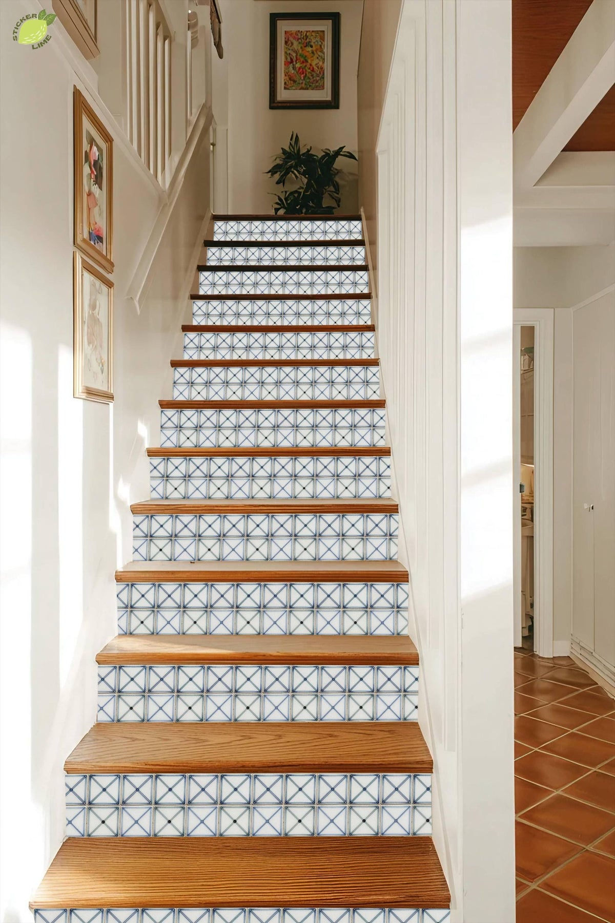 Blue Cross Geometric Hand Painted peel and stick stair riser decals, photo 7 of 8