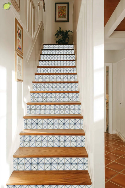 Blue Cross Geometric Hand Painted peel and stick stair riser decals, photo 7 of 8