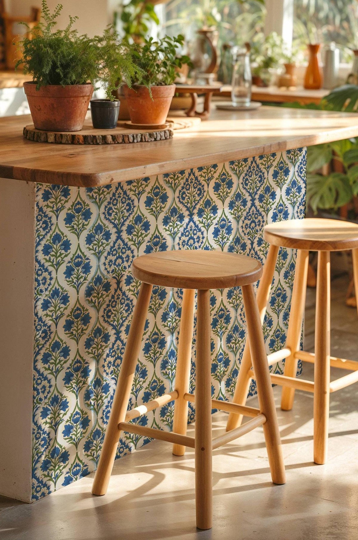 Blue Floral Block Print Ogee peel and stick tile decals