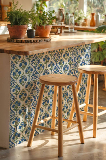 Blue Floral Block Print Ogee peel and stick tile decals