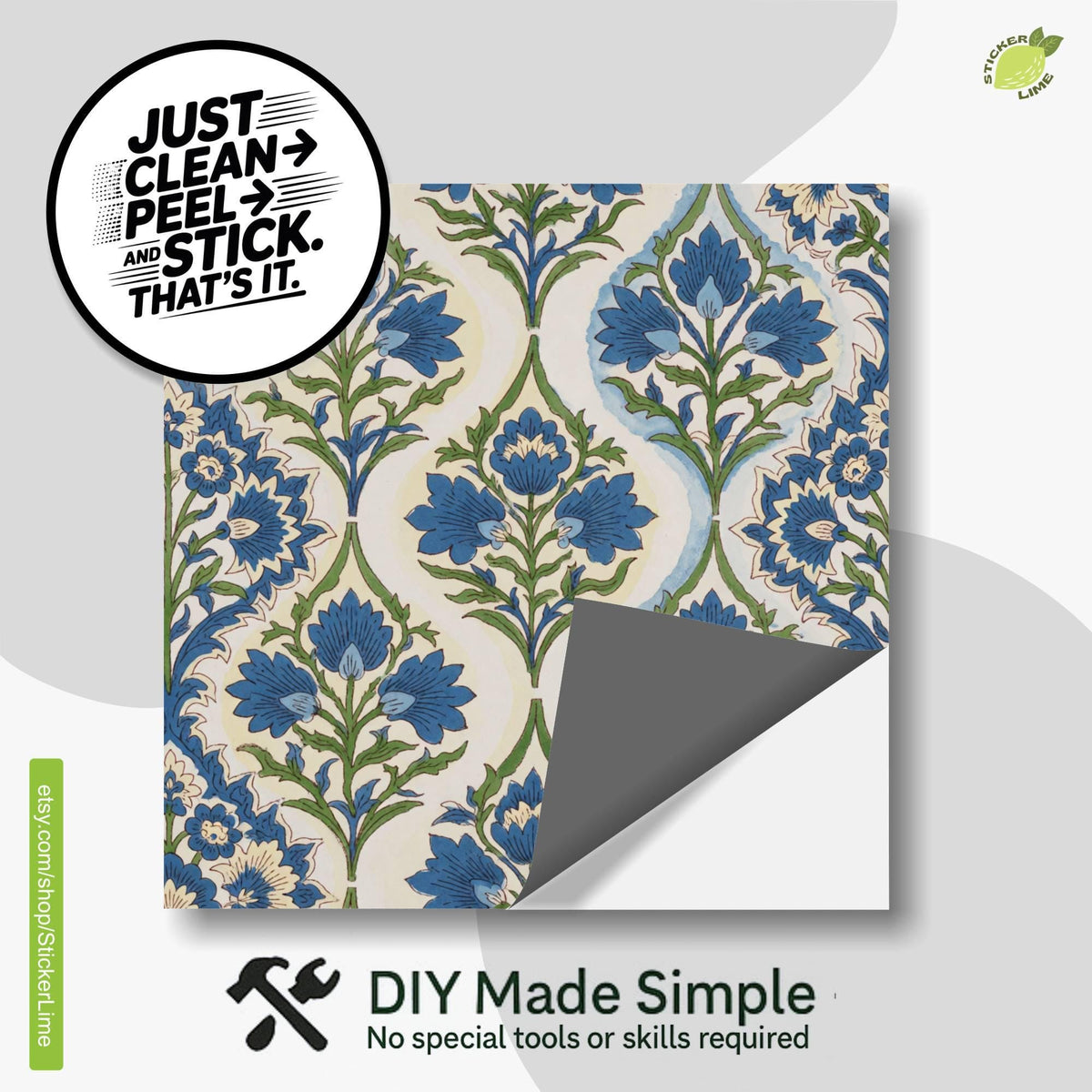 Blue Floral Block Print Ogee peel and stick tile decals, photo 2 of 8