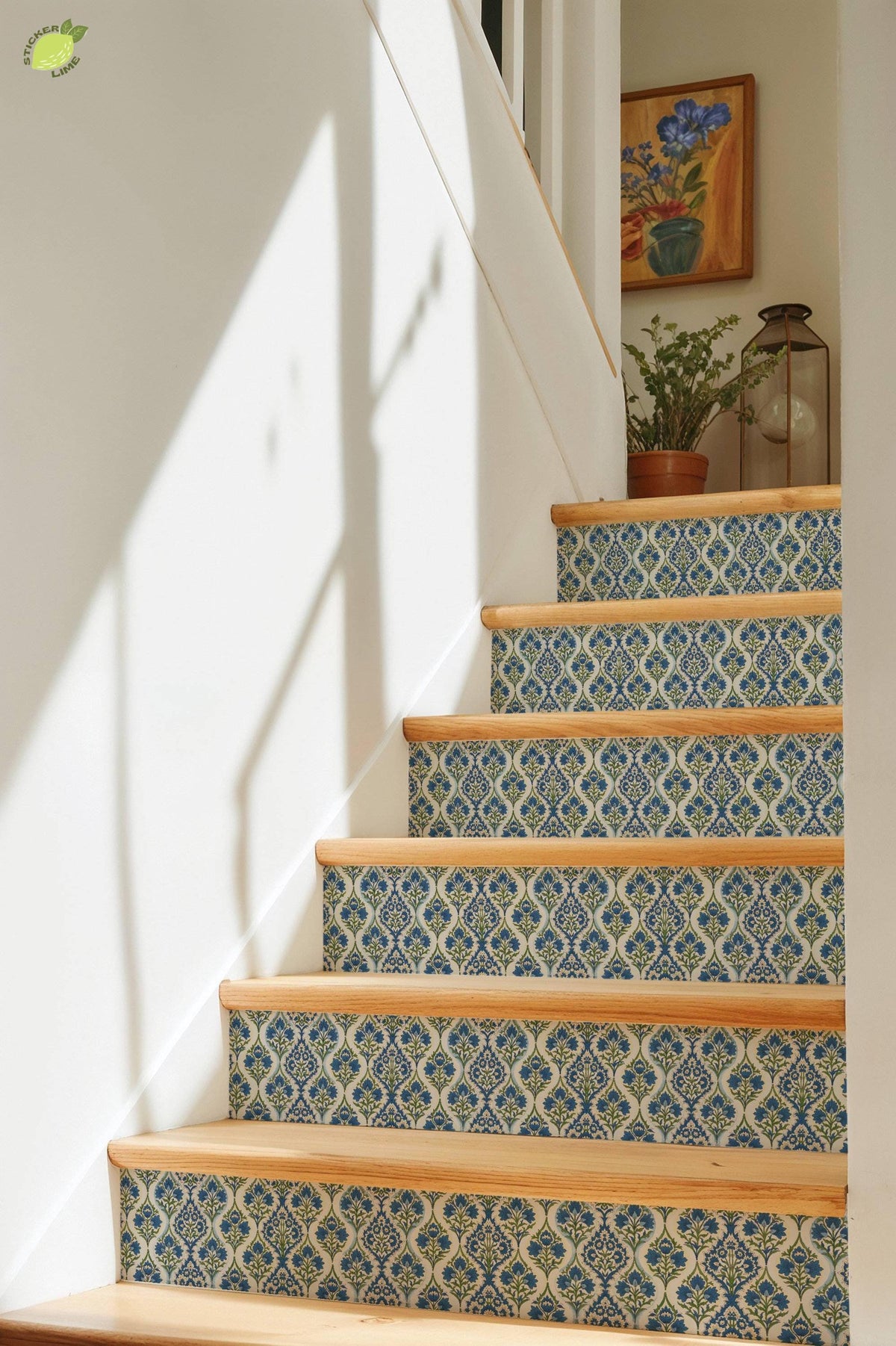 Blue Floral Block Print Ogee peel and stick tile decals, photo 8 of 8