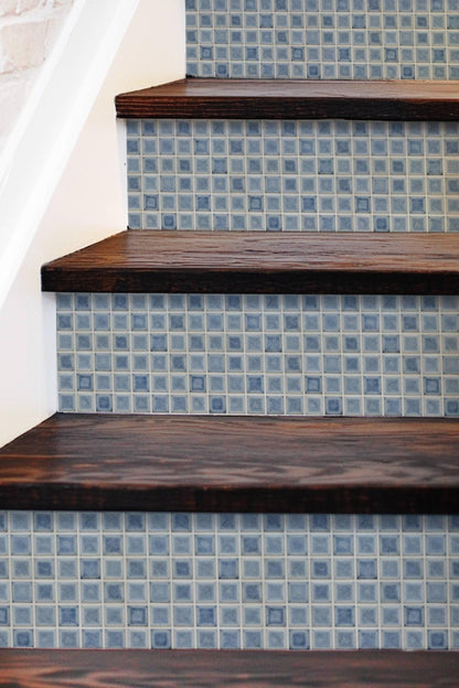 Blue Glazed Square Motif peel and stick stair riser decals