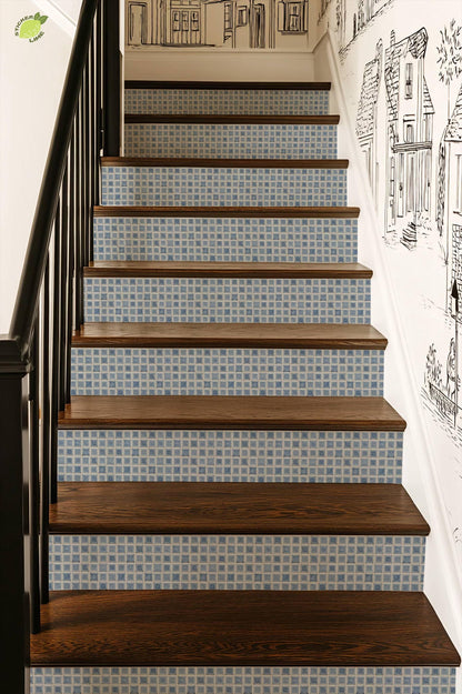 Blue Glazed Square Motif peel and stick stair riser decals, photo 4 of 8