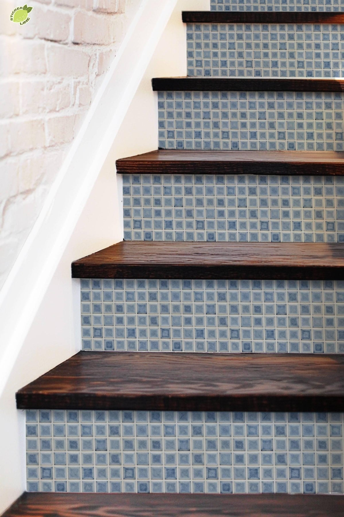 Blue Glazed Square Motif peel and stick stair riser decals, photo 5 of 8