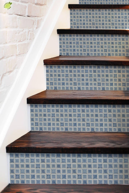 Blue Glazed Square Motif peel and stick stair riser decals, photo 5 of 8