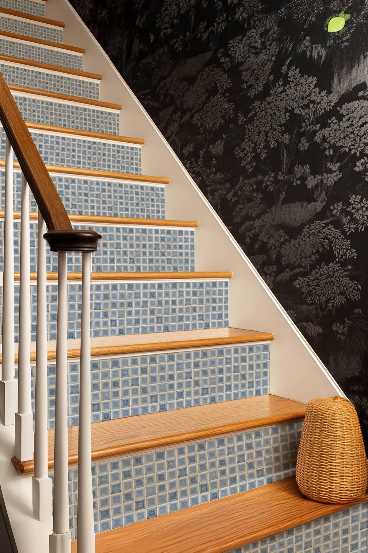 Blue Glazed Square Motif peel and stick stair riser decals, photo 6 of 8