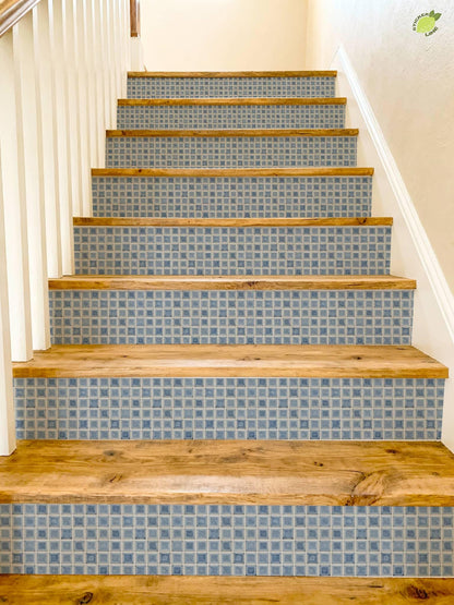 Blue Glazed Square Motif peel and stick stair riser decals, photo 8 of 8
