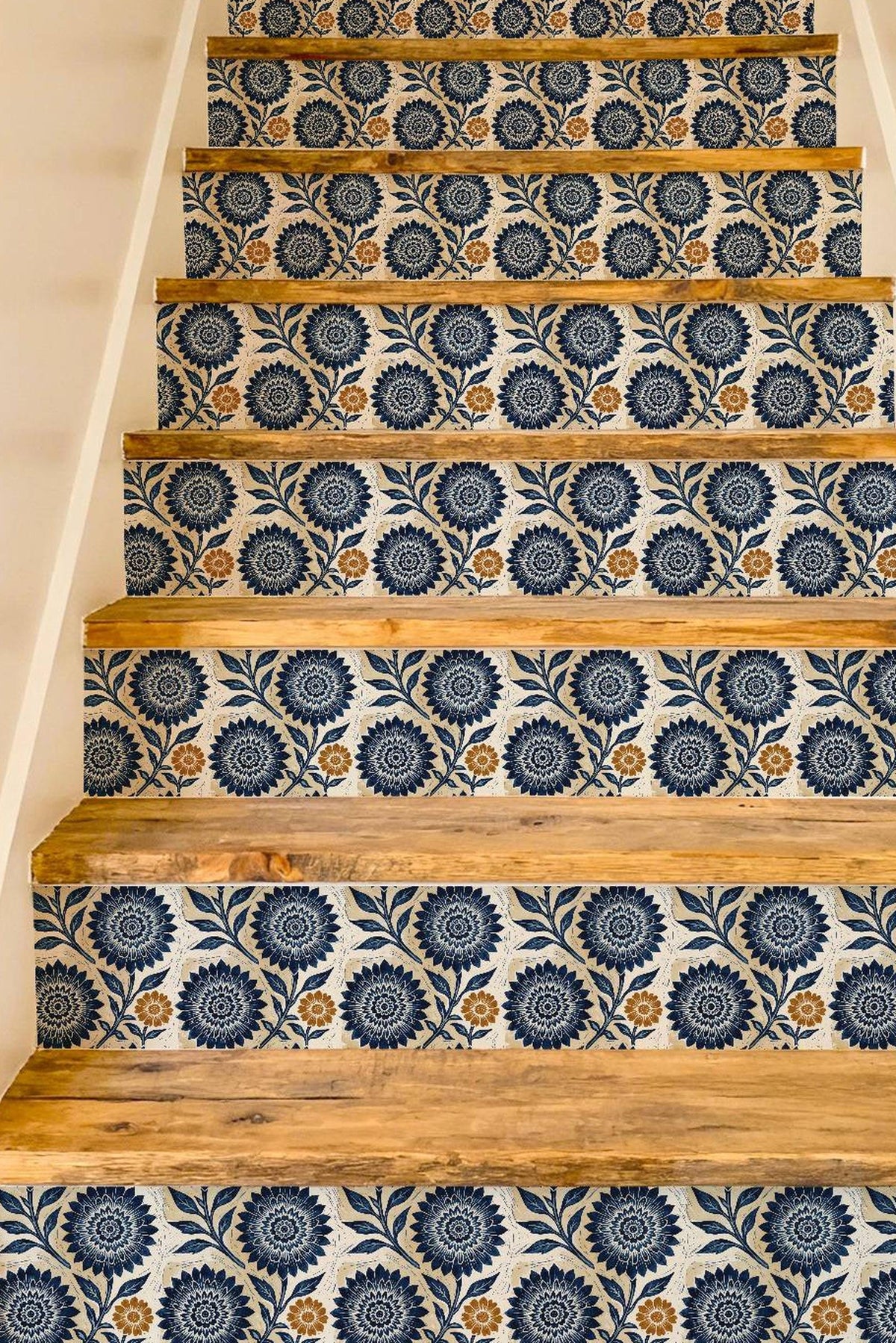 Blue Linocut Floral Block Print peel and stick stair riser decals