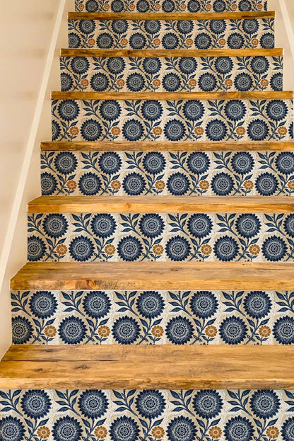 Blue Linocut Floral Block Print peel and stick stair riser decals