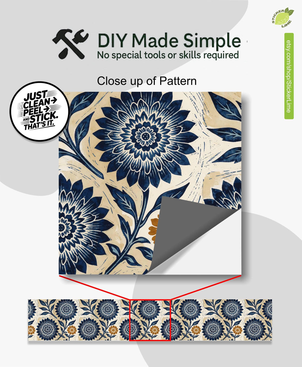 Blue Linocut Floral Block Print peel and stick stair riser decals, photo 2 of 8