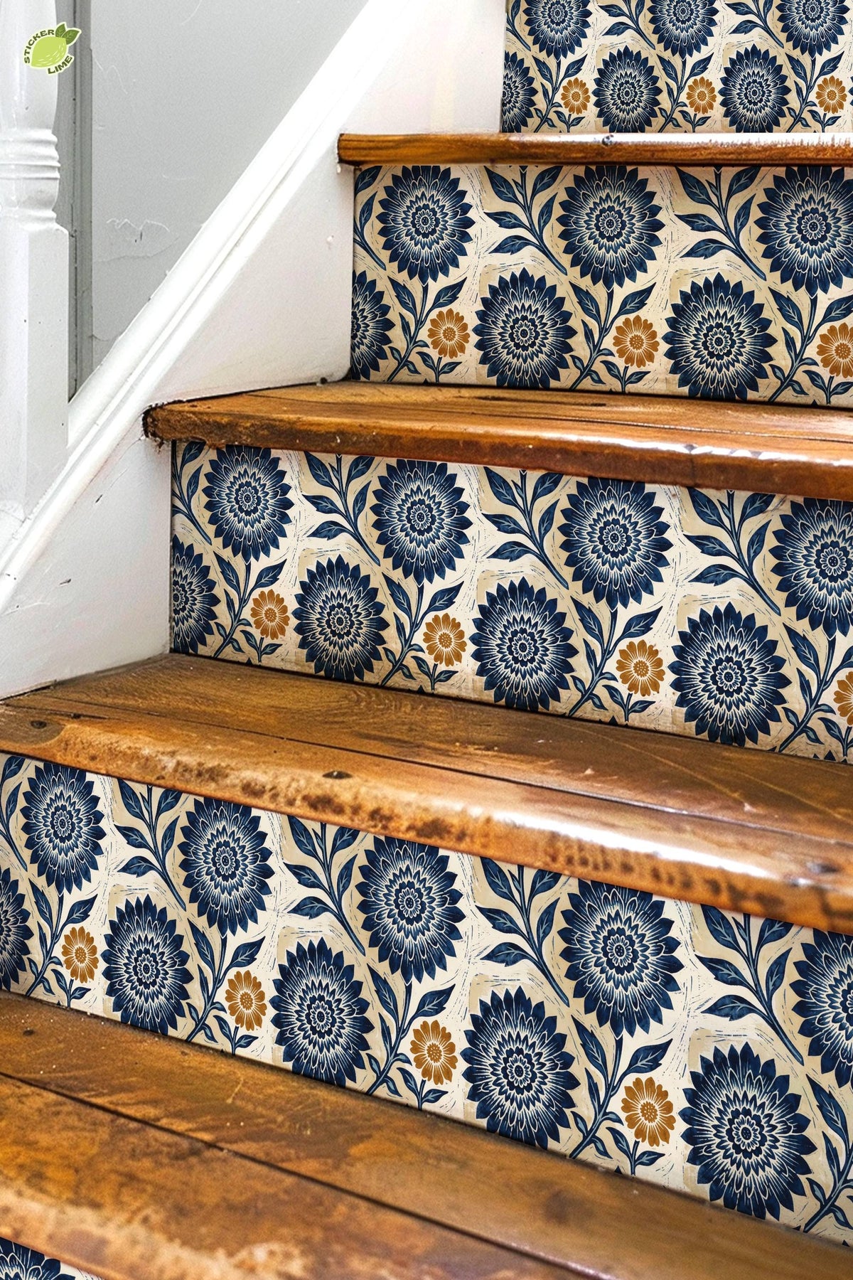 Blue Linocut Floral Block Print peel and stick stair riser decals, photo 3 of 8