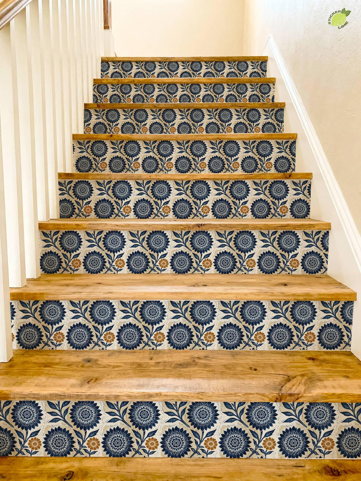 Blue Linocut Floral Block Print peel and stick stair riser decals, photo 4 of 8