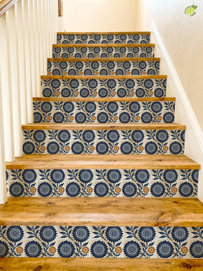 Blue Linocut Floral Block Print peel and stick stair riser decals, photo 4 of 8