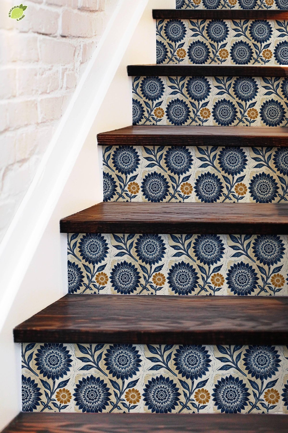 Blue Linocut Floral Block Print peel and stick stair riser decals, photo 5 of 8