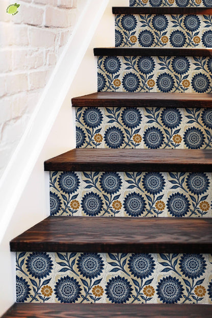 Blue Linocut Floral Block Print peel and stick stair riser decals, photo 5 of 8