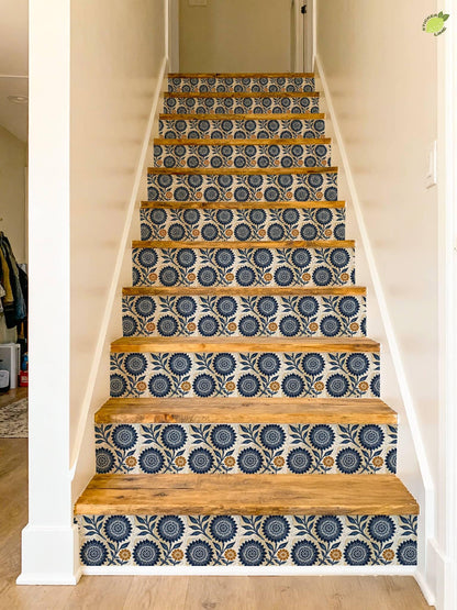 Blue Linocut Floral Block Print peel and stick stair riser decals, photo 6 of 8