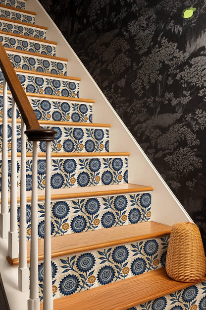 Blue Linocut Floral Block Print peel and stick stair riser decals, photo 8 of 8