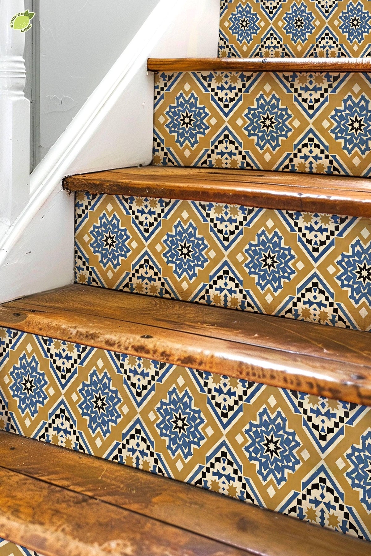 Blue Moroccan Star peel and stick stair riser decals, photo 3 of 8