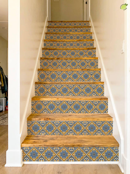 Blue Moroccan Star peel and stick stair riser decals, photo 6 of 8