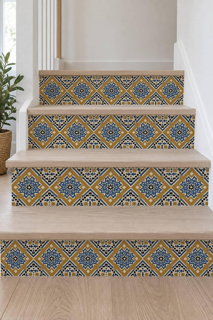 Blue Moroccan Star peel and stick stair riser decals, photo 7 of 8