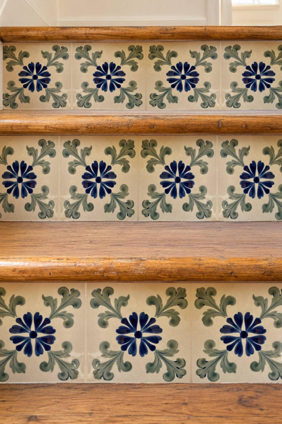 Blue Portuguese Floral peel and stick stair riser decals