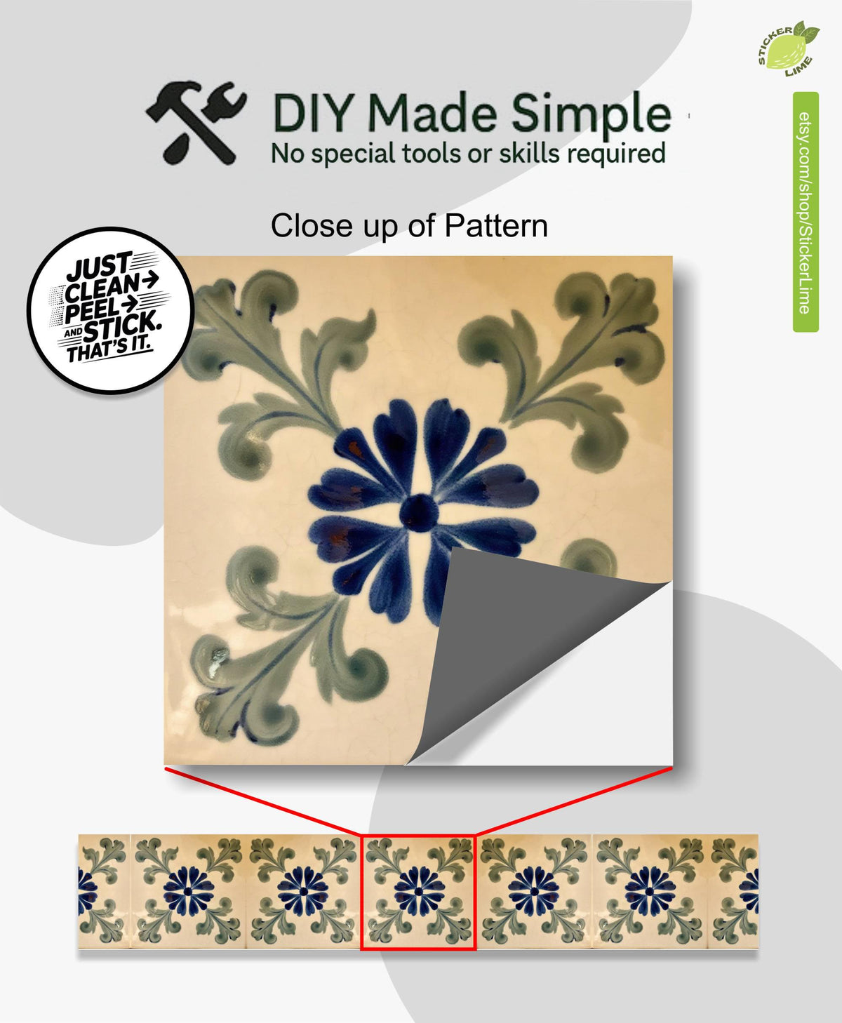 Blue Portuguese Floral peel and stick stair riser decals, photo 2 of 8