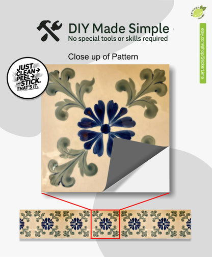 Blue Portuguese Floral peel and stick stair riser decals, photo 2 of 8