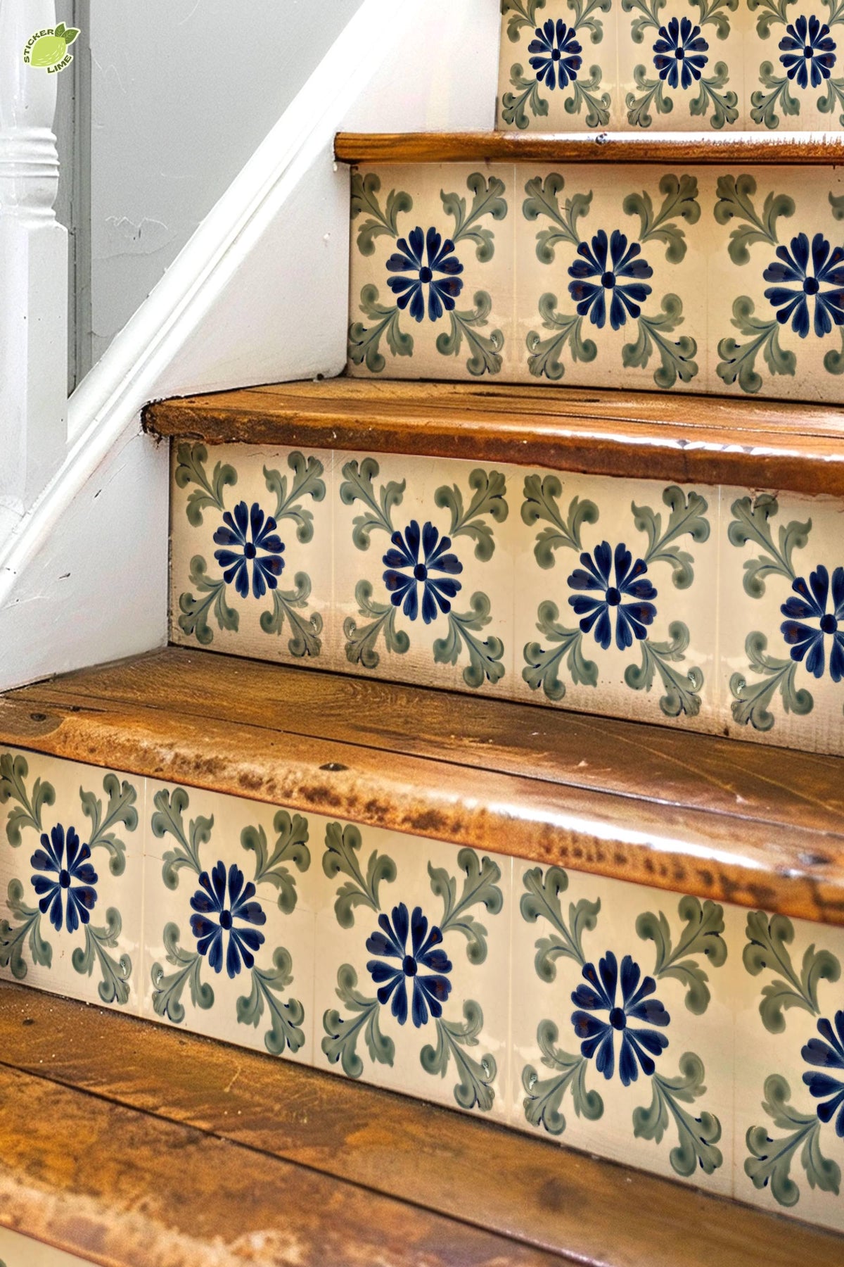 Blue Portuguese Floral peel and stick stair riser decals, photo 3 of 8