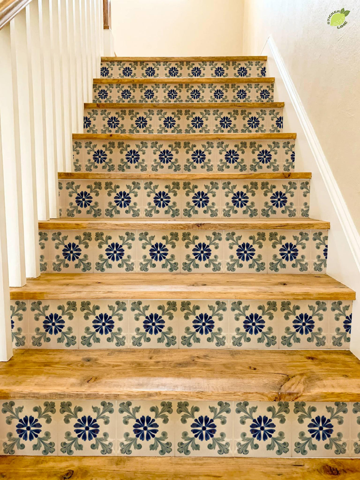 Blue Portuguese Floral peel and stick stair riser decals, photo 4 of 8