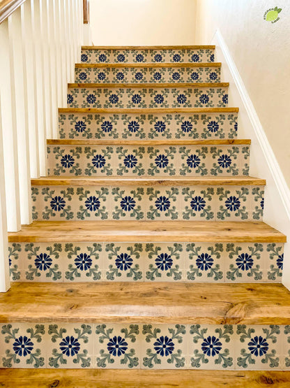 Blue Portuguese Floral peel and stick stair riser decals, photo 4 of 8
