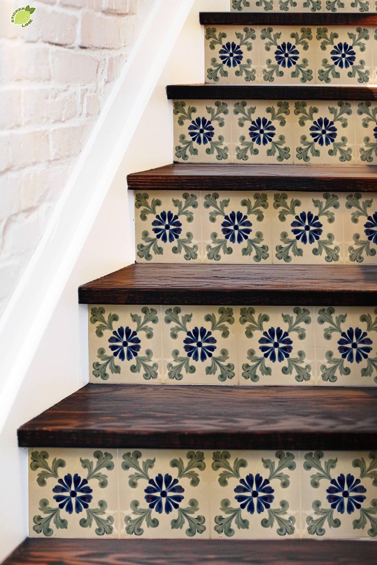 Blue Portuguese Floral peel and stick stair riser decals, photo 5 of 8