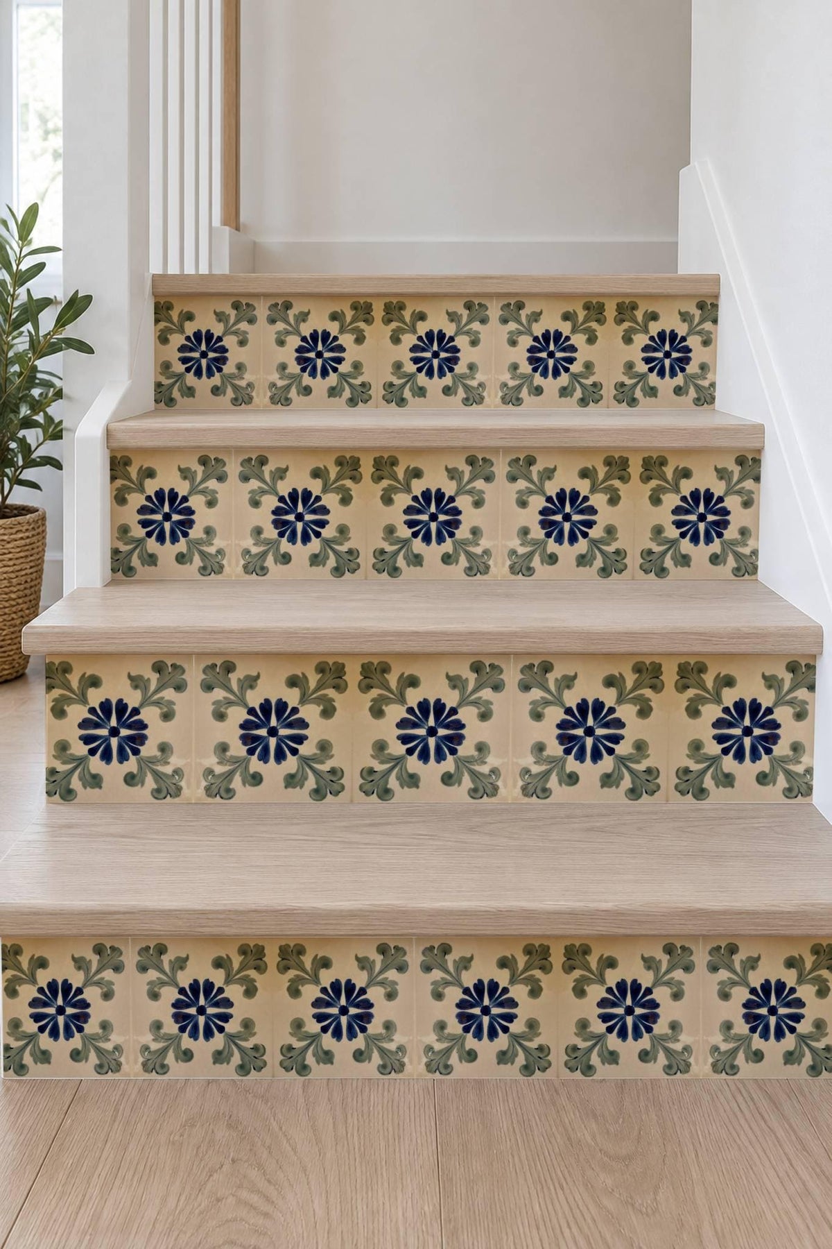 Blue Portuguese Floral peel and stick stair riser decals, photo 7 of 8