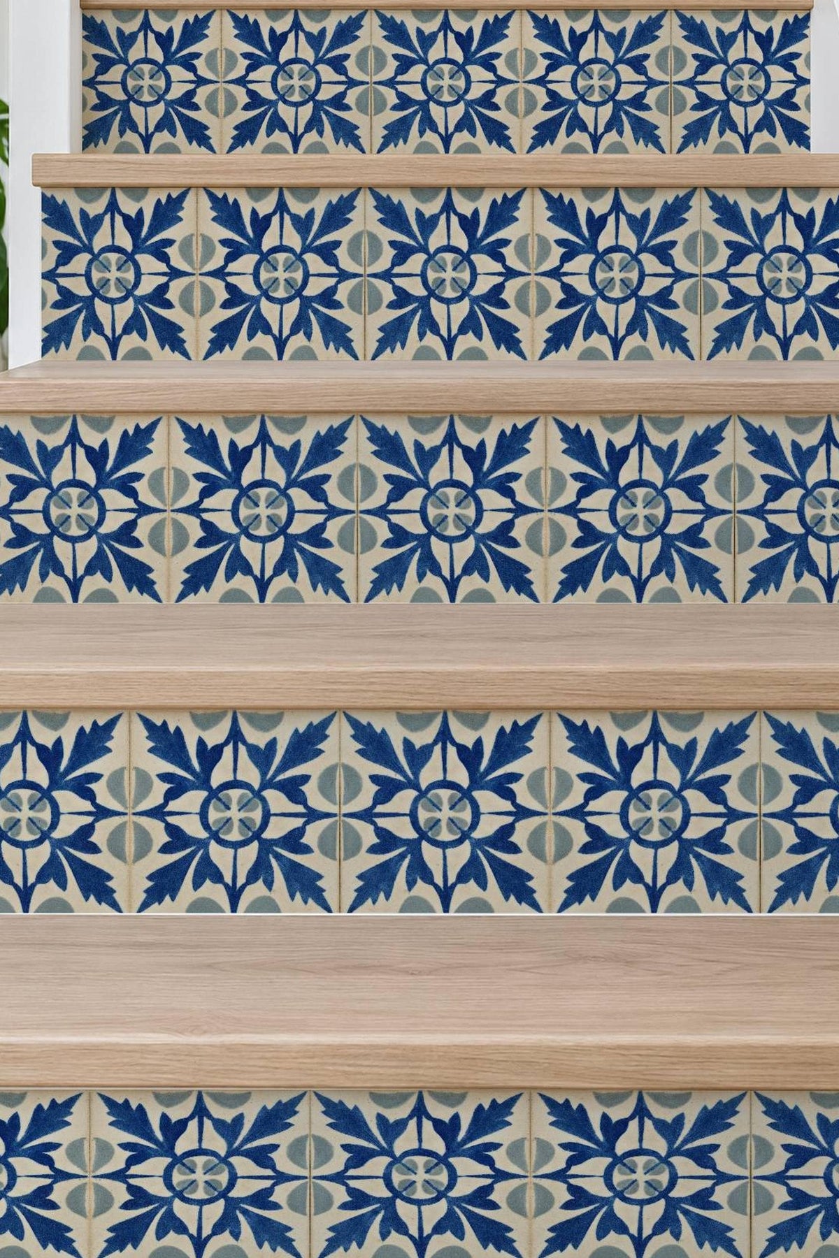 Blue Portuguese Leaf peel and stick stair riser decals