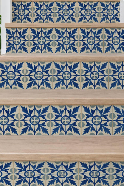 Blue Portuguese Leaf peel and stick stair riser decals
