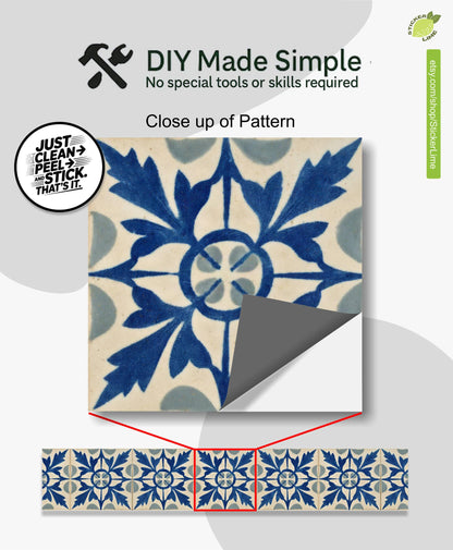 Blue Portuguese Leaf peel and stick stair riser decals, photo 2 of 8