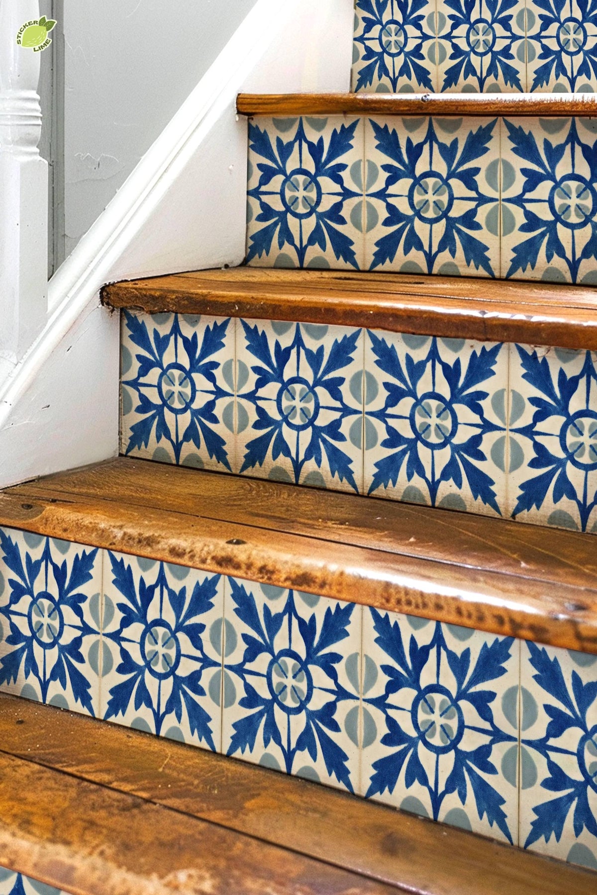 Blue Portuguese Leaf peel and stick stair riser decals, photo 3 of 8