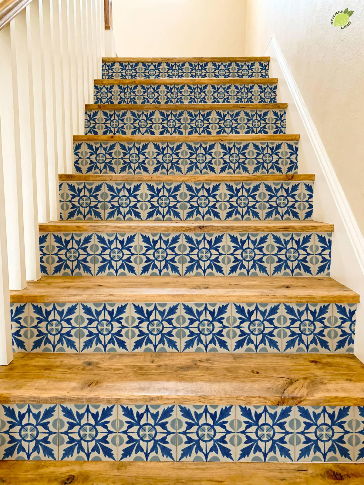 Blue Portuguese Leaf peel and stick stair riser decals, photo 4 of 8