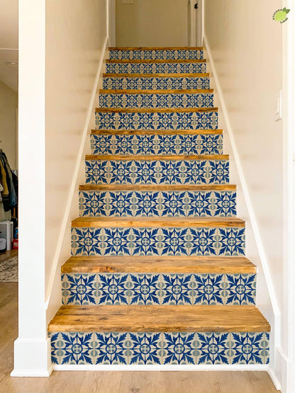 Blue Portuguese Leaf peel and stick stair riser decals, photo 6 of 8