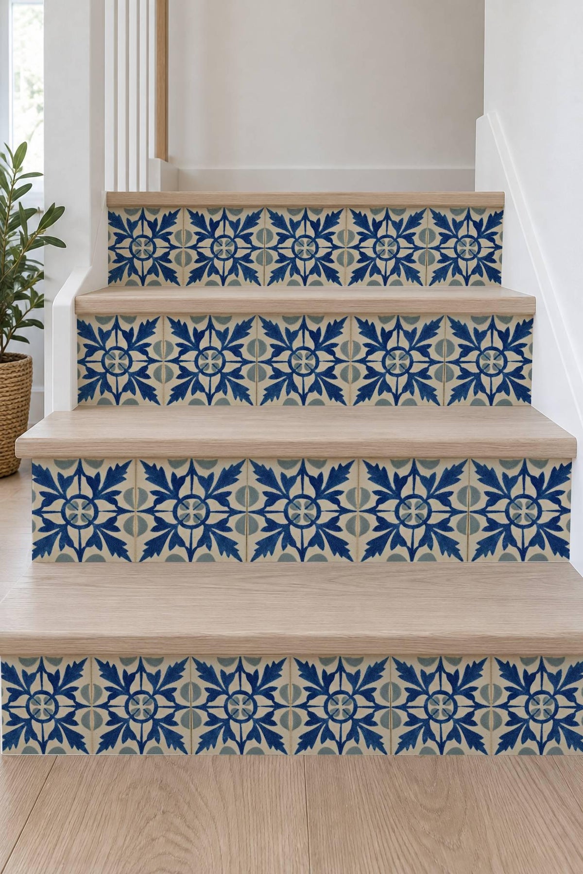 Blue Portuguese Leaf peel and stick stair riser decals, photo 7 of 8