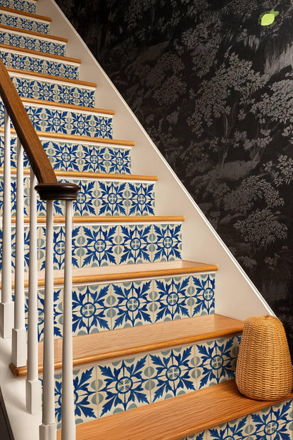 Blue Portuguese Leaf peel and stick stair riser decals, photo 8 of 8